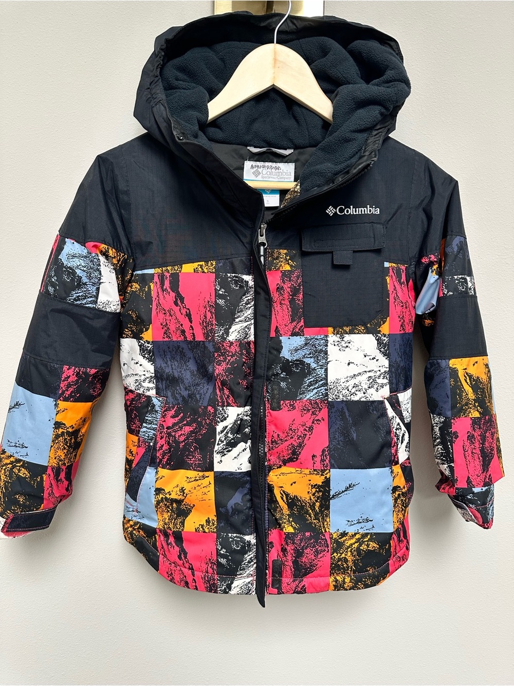 Columbia Girls' Black Patchwork Puffer Jacket with Pink, Yellow & Blue Blocks